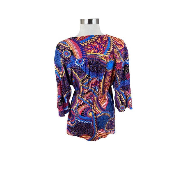 Maeve by Anthropologie XS Orange Blue Red Elly Print Wrap Kimono Sleeve Blouse - Picture 3 of 4